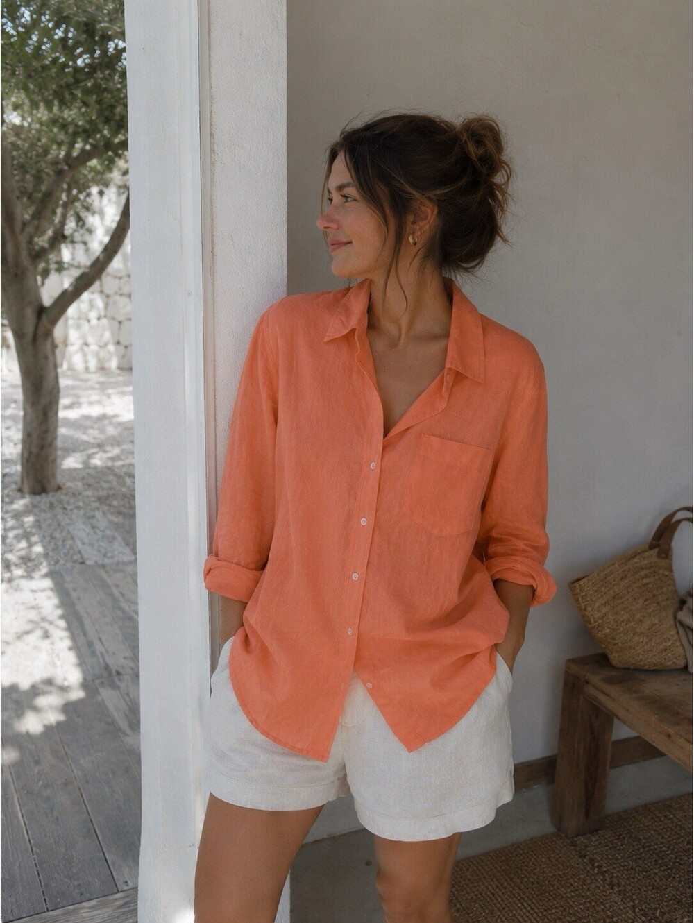 Gap Boyfriend Fit Linen Blend Button-Up Shirt Beige Long Sleeve Women's Size M